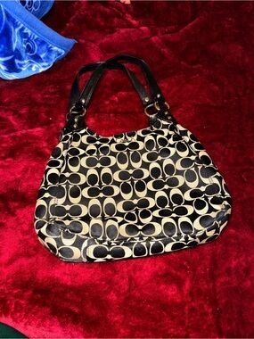 Coach Signature Canvas Shoulder Bag in Black and Tan